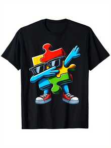 Playera casual para hombre, camiseta de verano de manga corta, cómoda y versátil, con diseño de pieza de rompecuadros de concientización sobre el autismo y estampado de Dabbing, para niños - Negro - Ver 2