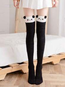 1 Pair Women's Cartoon Cute Thigh High Socks With Thermal Lining, Striped Over-The-Knee Socks - 藍色細條紋 - 查看 4