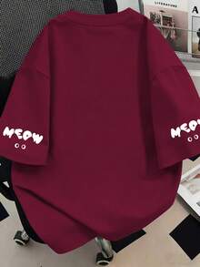 Camiseta casual con estampado de gato para mujer talla grande, adecuada para vacaciones de verano, playa, primavera, Día de la Madre, uso diario, boda, playa, fitness, graduación, fiesta, top de primavera de moda - Burdeos - Ver 3