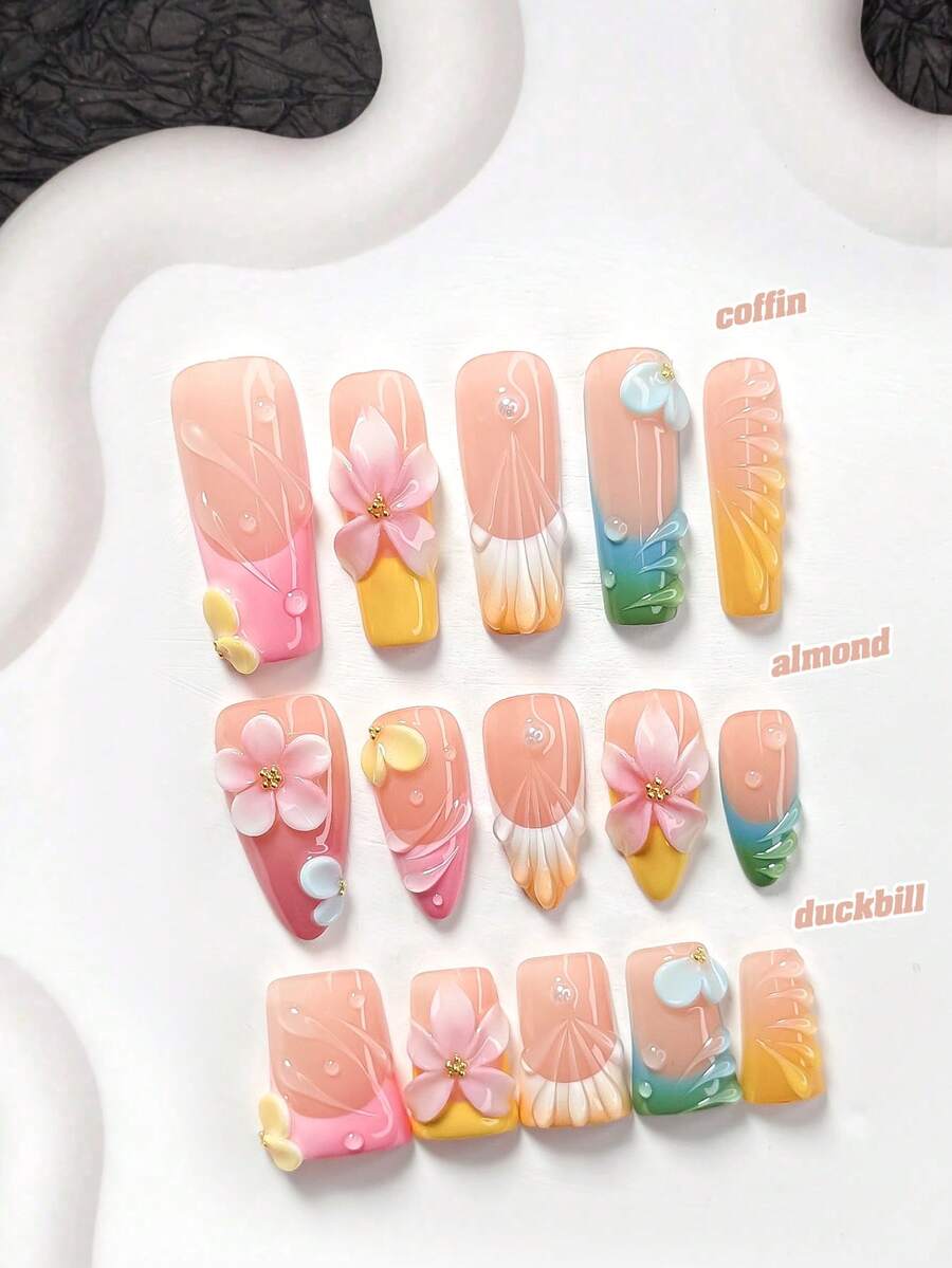 10件套手工马卡龙色美甲套装，包含凝胶美甲装饰、五瓣花贴纸、粉色、绿色、蓝色、黄色和橙色指甲油，甜美风格，附赠美甲工具（1个果冻贴纸+1个指甲锉）。适用于杏仁形、鸭嘴形和棺材形指甲，适合派对、日常佩戴、拍照、春夏通勤等场合。按压式美甲贴片。 - 彩色 - 查看 1