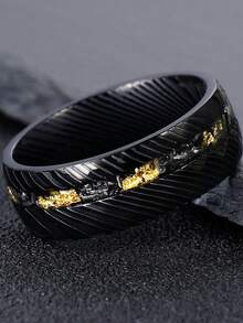1枚8毫米大马士革陨石碎金叶男士结婚黑色锤纹戒指，蓝色星系宇宙镶嵌戒指，宇宙周年纪念订婚承诺镶嵌戒指，送给他的礼物 - 黑色 - 查看 19