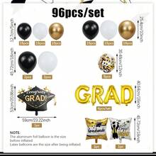 96件組畢業鋁箔氣球套裝，包含GRAD、畢業帽、18英吋方形鋁箔氣球以及金色、黑色、白色乳膠氣球，適用於2026畢業派對、校園派對、畢業背景裝飾 - 彩色 - 查看 7