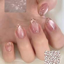 Eleva tu look, 24 piezas de uñas postizas de cobertura completa de estilo ojo de gato ovaladas cortas con brillo para mujeres, uñas con estampado de leopardo rosa con adornos de rhinestone, estilo de doncella cortesana simple y elegante de uñas de presión - Rosa Pálido - Ver 8
