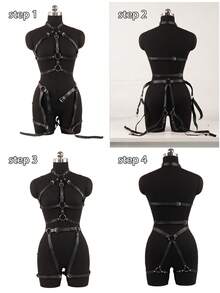 Women's Black Faux Leather Full Body Cage Harness With O Ring Details, One Size, Perfect For Bodysuits And Rave And Festival Outfit - Black - View 5