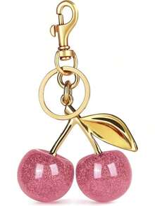 1pc Cherry Keychain Bag Charm - Car Cherry Decor Keyring, Gift For Women On Christmas, Valentine's Day (Size: 4.3 Inch/10.92 Cm X 2.6 Inch/6.6 Cm, Cherry Size: 1.18 Inch/3 Cm). Can Be Used As A Bag Charm, Car Decor, Or Gift For Teachers, Friends, And Sisters. - 金色+玫瑰粉 - 查看 2