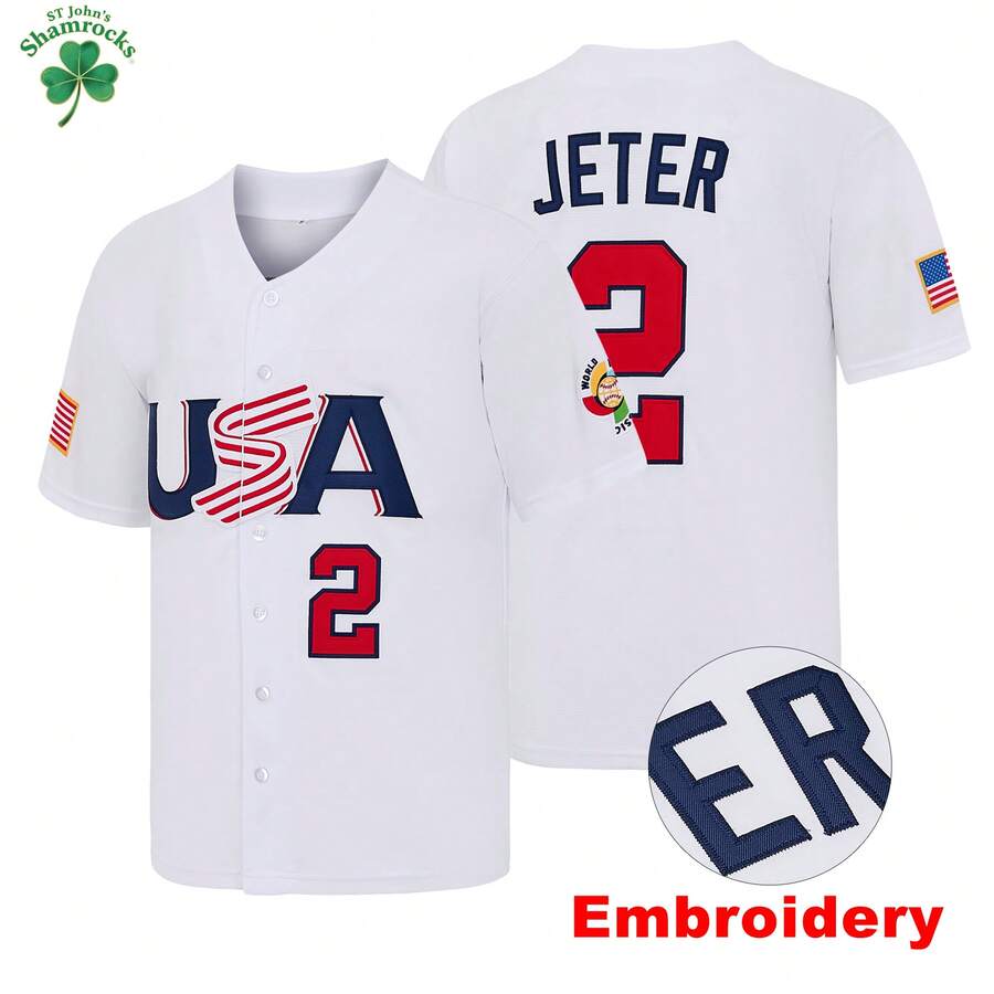 Camiseta de béisbol de los Estados Unidos de la Serie Mundial Clásica de 2006 con el número 2 de Derek Jeter, con bordado de letras, regalo de fan para el día del juego - Blanco - Ver 1