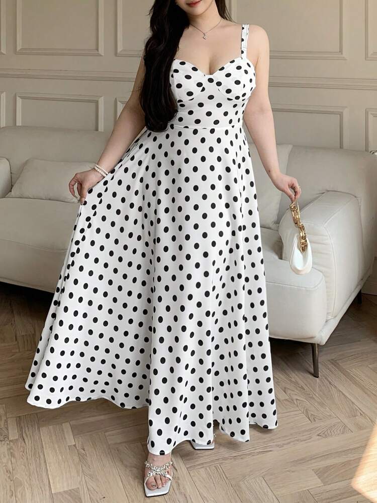 abyoxi Vestido de mujer de talla grande con estampado de lunares negros y blancos, de tirantes finos y cintura alta con vuelo, elegante y vintage, adecuado para citas, graduaciones, San Valentín, vacaciones, salidas, playa, primavera/verano - Blanco y Negro - Añade 4