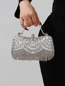 Dedoo New Rhinestone Studded Shiny Evening Clutch Bag With Tassel Decor, Gift For Women, Suitable For Party, Wedding, Banquet - Silver - View 3