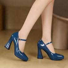 Women's Fashionable & Comfortable Buckle Strap Low Vamp Non-Tiring Chunky Heel Versatile Pumps - Royal Blue - View 2