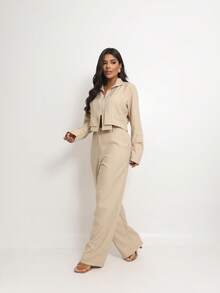 Women's Tailored Set With Cropped Jacket And Elegant Wide-Leg Trousers - Beige - View 5