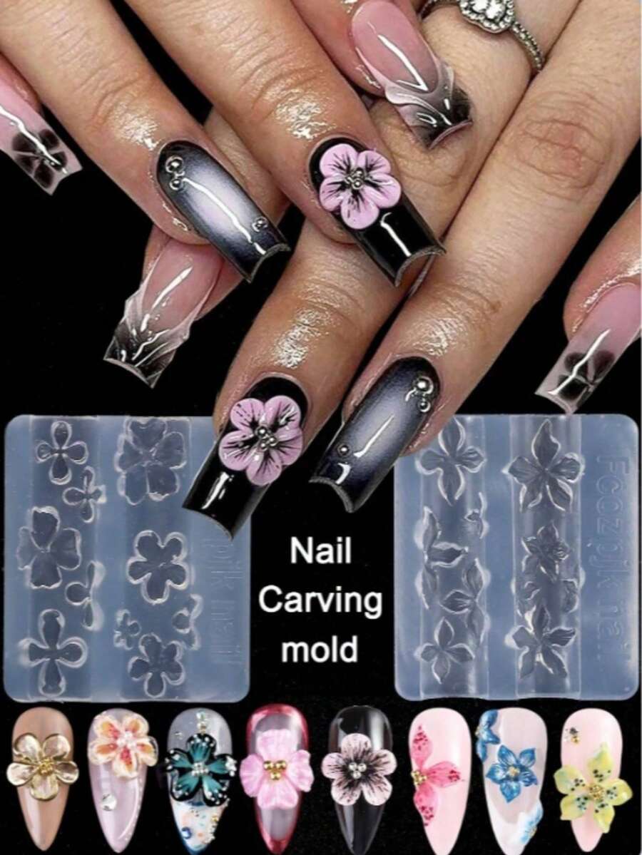 2件装百合花压纹美甲模具，莲花花瓣图案设计，DIY美甲印花工具，美甲用品，美甲工具，美甲工具，返校季，美甲，美甲工具（适用于美甲贴纸） - 白色 - 查看 1