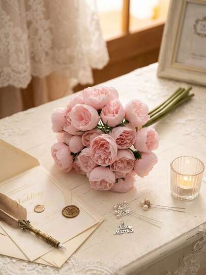 丝绸牡丹花束，粉色人造玫瑰，27 头人造牡丹花，适用于家居、婚礼派对、餐桌摆饰、新娘送礼会装饰、情人节、生日礼物、毕业典礼等。