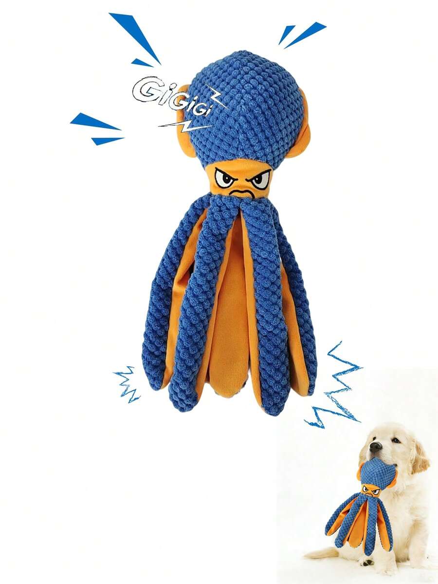 结实耐用的狗狗玩具，填充式大型狗狗咀嚼玩具，互动式吱吱作响的拔河玩具，沙沙作响的蓝色章鱼