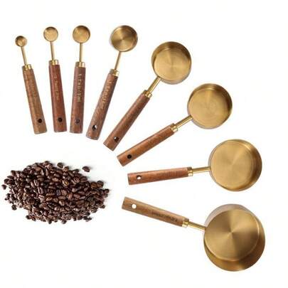 4pcs/8pcs Stainless Steel Measuring Cups And Spoons Set, Multi-Color Measuring Cups And Spoons, Milk Boiling Capable, Wooden Handle - Durable, Rust-Proof, Easy To Clean, Suitable For Cooking, Baking, DIY Projects, Cooking, Travel, Baking Tools, Coffee And Tea, Bar Accessories, Kitchen Utensils, Kitchen Supplies