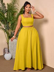 BIUBIU Plus Size Elegant Camisole Top And Long Skirt 2 Pieces Set, Comfortable Outfit Suitable For Any Occasion Summer - Yellow - View 1