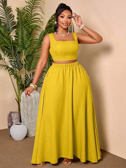 BIUBIU Plus Size Elegant Camisole Top And Long Skirt 2 Pieces Set, Comfortable Outfit Suitable For Any Occasion Summer
