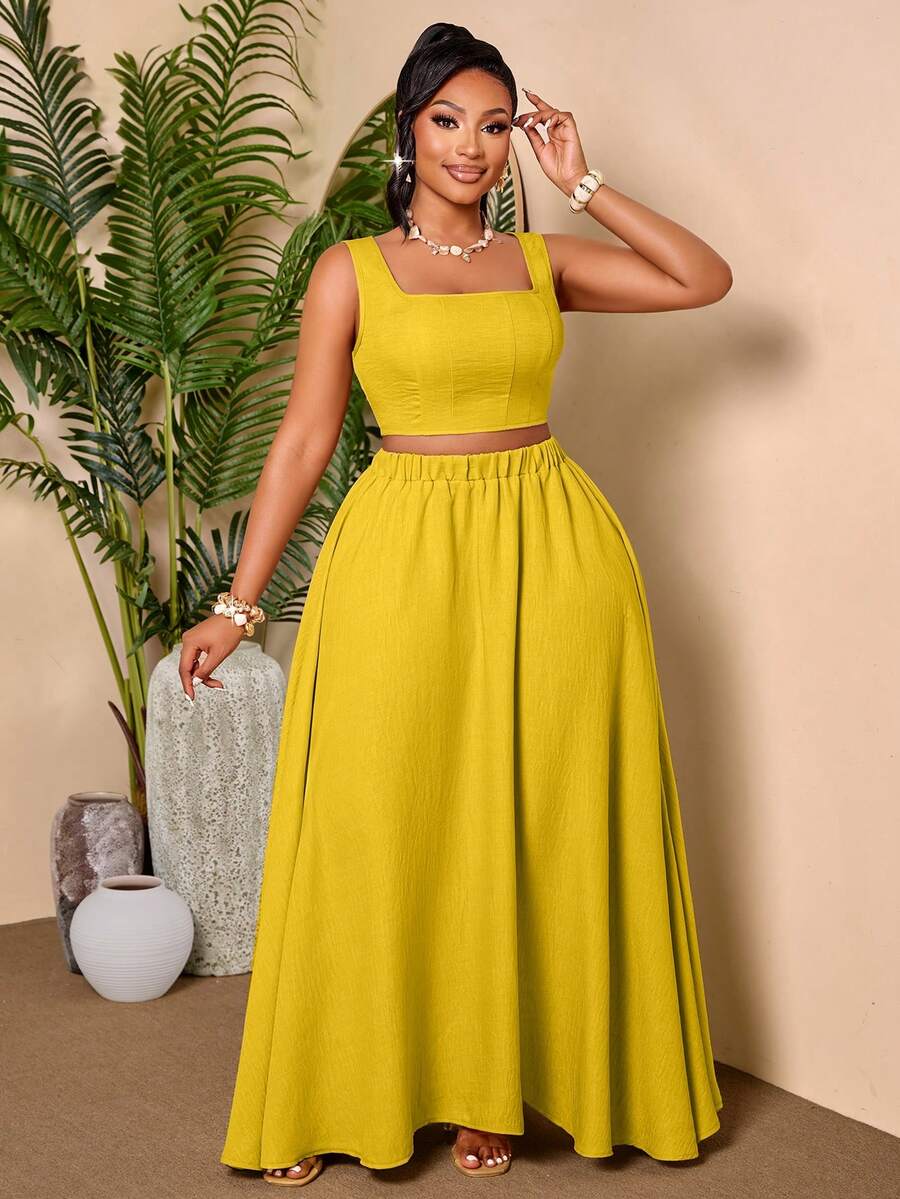BIUBIU Plus Size Elegant Camisole Top And Long Skirt 2 Pieces Set, Comfortable Outfit Suitable For Any Occasion Summer - Yellow - View 1