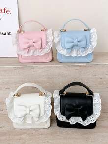 1个女童蕾丝蝴蝶结PU磁扣甜美手提包斜挎包，适合所有季节日常使用 - A - 查看 4