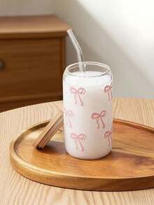 1 pieza Taza de café de 16 onzas con patrón de lazo transparente, tapa de bambú y pajita, gran capacidad para bebidas/jugos portátiles para exteriores, adecuada para verano e invierno, regalo de fiesta de cumpleaños/festividad, regalo de Navidad, botella de agua de vidrio, taza, taza de café con hielo, artículo lindo, regalo para dama de honor, taza de vidrio, frasco de vidrio, estético, regalo para mujeres, regalo del Día del Padre - Multicolor - Ver 4
