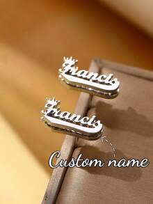 Customized Double-Layer Welded Earrings For Women, Personalized Letter Heart-Shaped Stud Earrings, Stainless Steel Crown Design 3D Nameplate Earrings - Silver - View 5