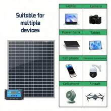 50W太阳能电池板套件，可选配60A/80A/100A控制器，12V-18V-24V输出，便携式太阳能充电器，USB太阳能充电器，适用于移动电源、露营、徒步旅行、车辆、船只、手机、路灯、监控、宠物棚等。 - 黑色 - 查看 5