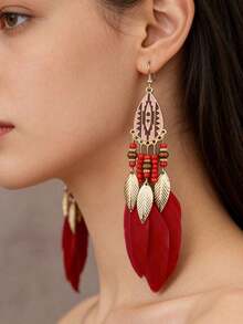 1 Pair Vintage Feather Pendant Earrings, Suitable For Women's Daily Wear - 紅色 - 查看 6