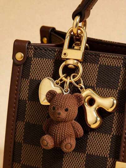 1pc Letter Teddy Bear Keychain, With Gold Bubble Letter A-Z Keychain, Cute Teddy Bear Bag Charm Pendant Suitable For Handbag, Wallet, Backpack, Travel Bag, Decorative Keychain For Gym, Classroom, Matching Game, Daily Use And Gift, Fashionable Women Accessory, Perfect For Christmas, Valentine's Day, Birthday, Back To School Gift