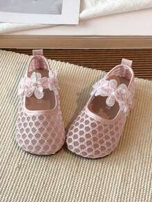 1 Pair Girls' Mesh Floral Hollow Breathable Casual Flat Shoes, Versatile Fashion Loose Toe Box Comfortable Daily Wear, Spring/Summer - Pink - View 3