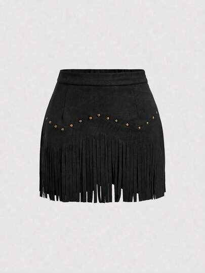 MOD Women's Vintage Hippie Rivet Fringe Black Suede A-Line Skirt, Autumn Skirt,Nashville Outfits,Pirate Skirt