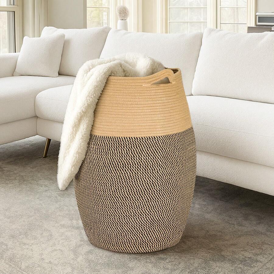 105L Extra Large Cotton Rope Laundry Hamper, Foldable Storage Basket For Laundry - Black Mix Jute - View 1