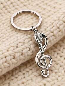 1pc Creative Microphone Shaped Keychain, Fashionable Music Note Pendant Metal Music Symbol Keyring, Interesting Gift For Friends - Silver - View 5