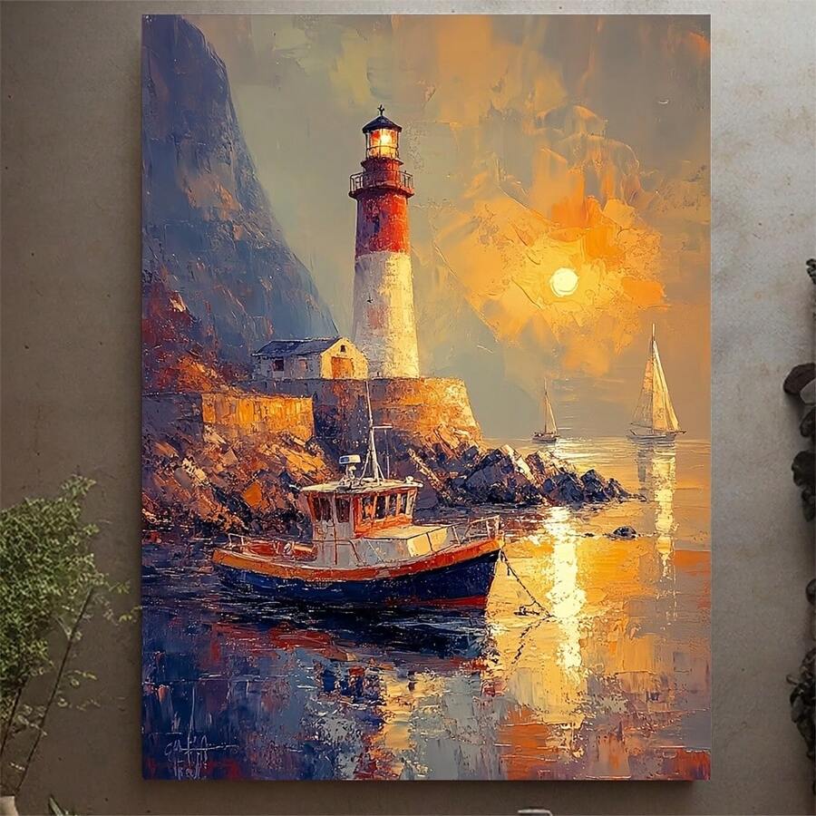 1 pieza de pintura al óleo de paisaje marino náutico vintage en lienzo, 12x16 pulgadas (30,48x40,64 cm) - Faro y barcos de vela en aguas tranquilas, arte de pared costero impresionista con marco de madera, decoración del hogar, perfecto para decorar habitaciones. - Sin marco - Ver 1
