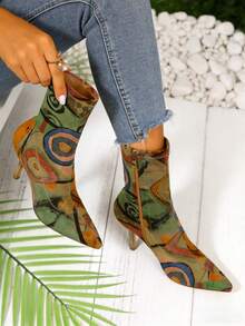 vivianly All Over Print Stiletto Ankle Boots For Women - Pointed Toe, Elastic Side Zip, Spring Fashion Unique Stretch Fabric With Print-Elegant Sexy Style For Commuting High Heels Boots, Suitable For All Seasons Boots,Wedding Valentine's Day, Music Festival Party & Sexy Night Shoes Random (Each Pair May Vary For Surprise) - 不規則-B - 查看 1