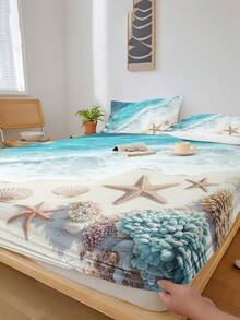 1pc Ocean Beach Theme Fitted Sheet (Fitted Sheet Only, No Pillowcase), Fits Twin/Full/Queen/King Size Bed. Mattress Protector For Bedroom, Guest Room, Dorm, Hotel, Suitable For All Seasons. Gift For Parents, Friends, Partner - Multicolor - View 1