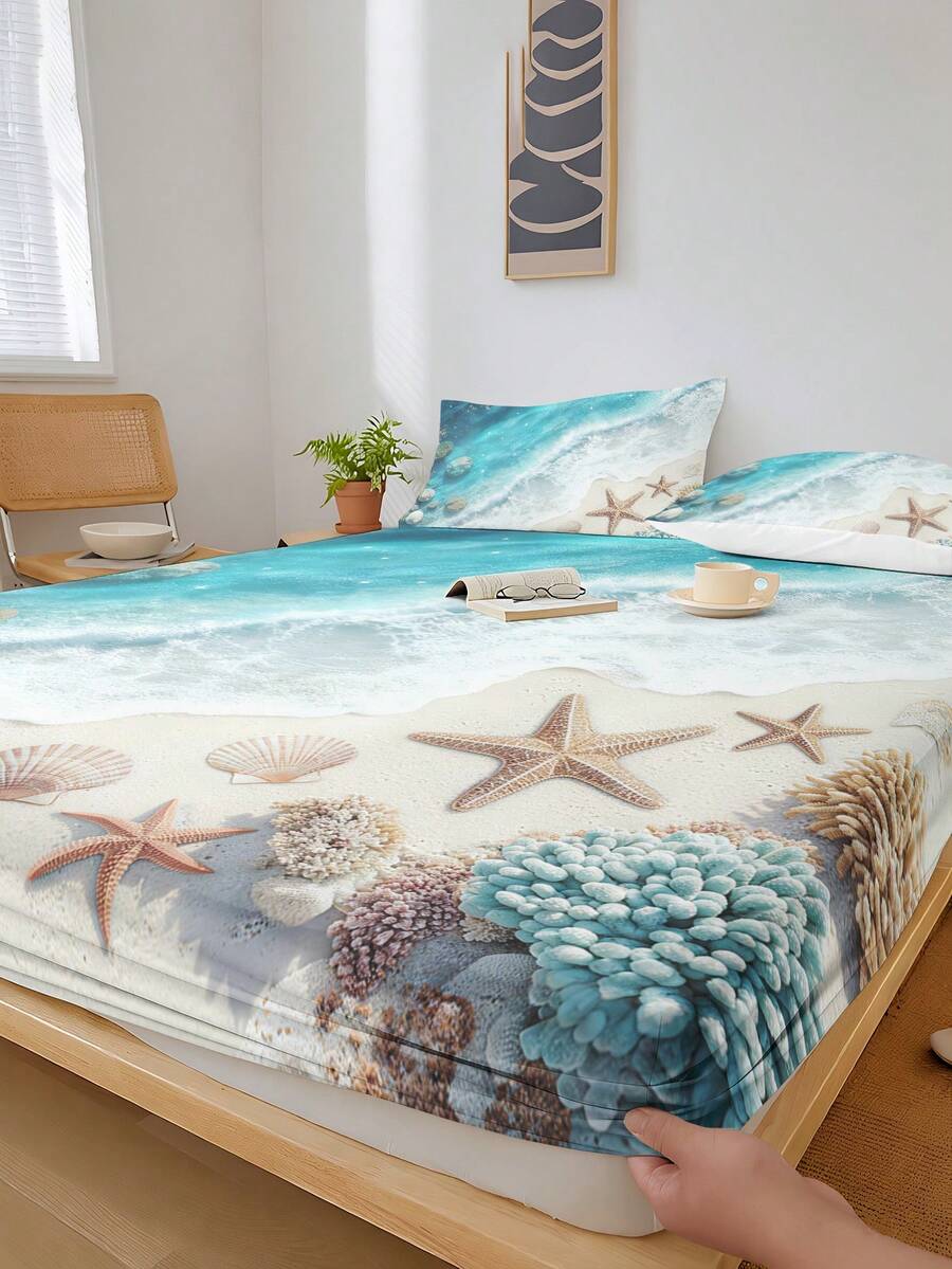 1pc Ocean Beach Theme Fitted Sheet (Fitted Sheet Only, No Pillowcase), Fits Twin/Full/Queen/King Size Bed. Mattress Protector For Bedroom, Guest Room, Dorm, Hotel, Suitable For All Seasons. Gift For Parents, Friends, Partner - Multicolor - View 1