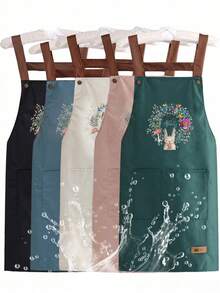 1件纯色NICE小熊图案双面防水咖啡师围裙，适合居家、户外厨房和餐饮行业穿着，花卉图案工作服 - NICE Bear - 查看 4