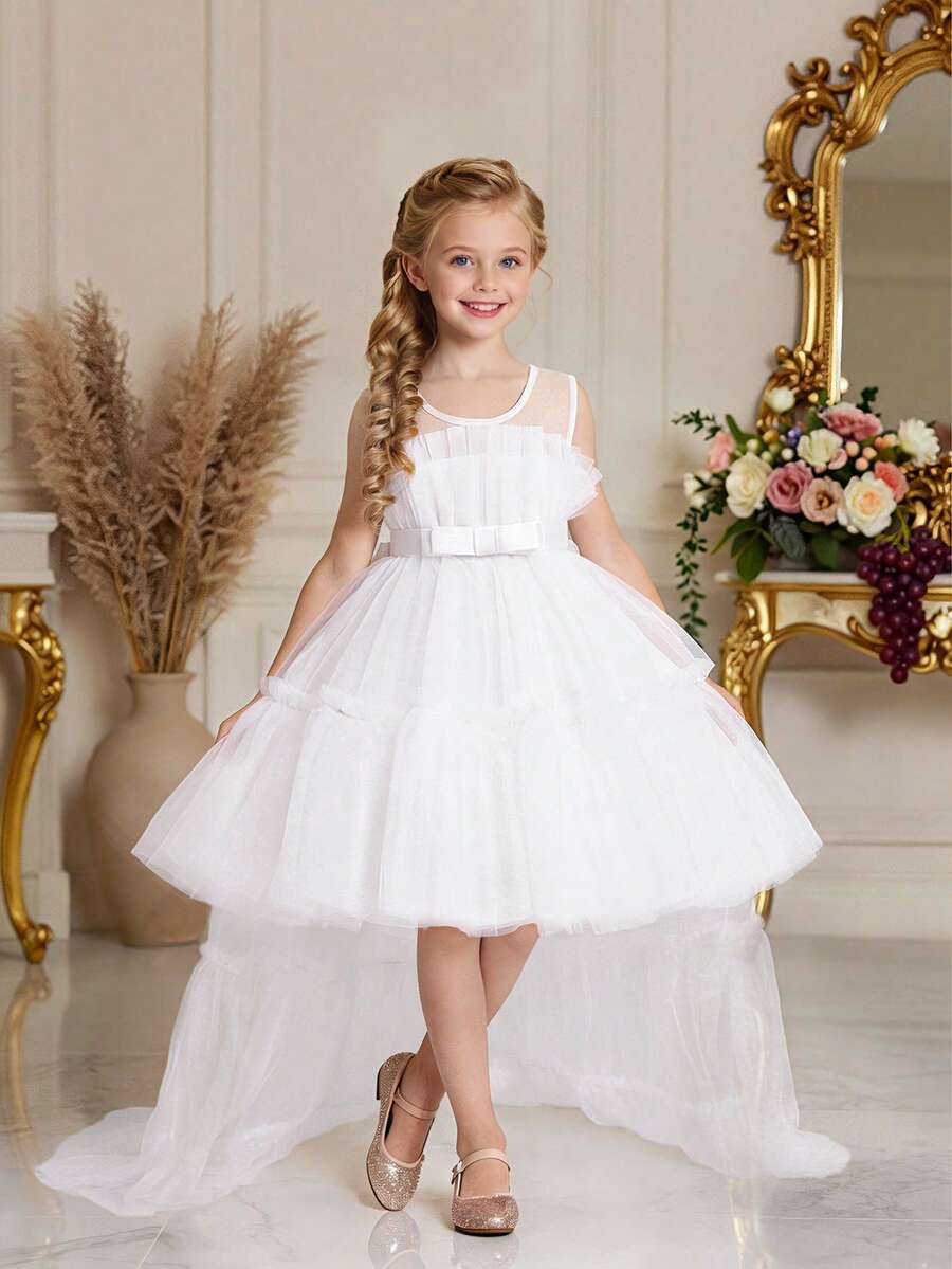 Váy xòe bồng bềnh bằng vải tuyn nơ thanh lịch dành cho bé gái, thích hợp cho tiệc sinh nhật, tiệc tối, không bao gồm băng đô