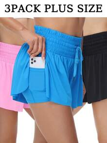 3 Pack Plus Size Women's High Waisted Tennis Shorts With Pockets - Yoga Running Fitness Workout Shorts, Soft Stretchy Casual Summer Athleisure Wear (Sky Blue, Pink, Black) - 天藍色+粉紅色+黑色 - 查看 1