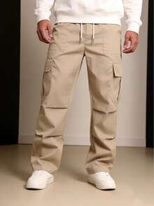pantalones para hombres pantalón casual hombre pantalones cargos para hombre Homme Pantalones de carga con cintura con cordón y bolsillos, unicolor, para otoño Pantalones nuevos para hombre - Caqui - Ver 1