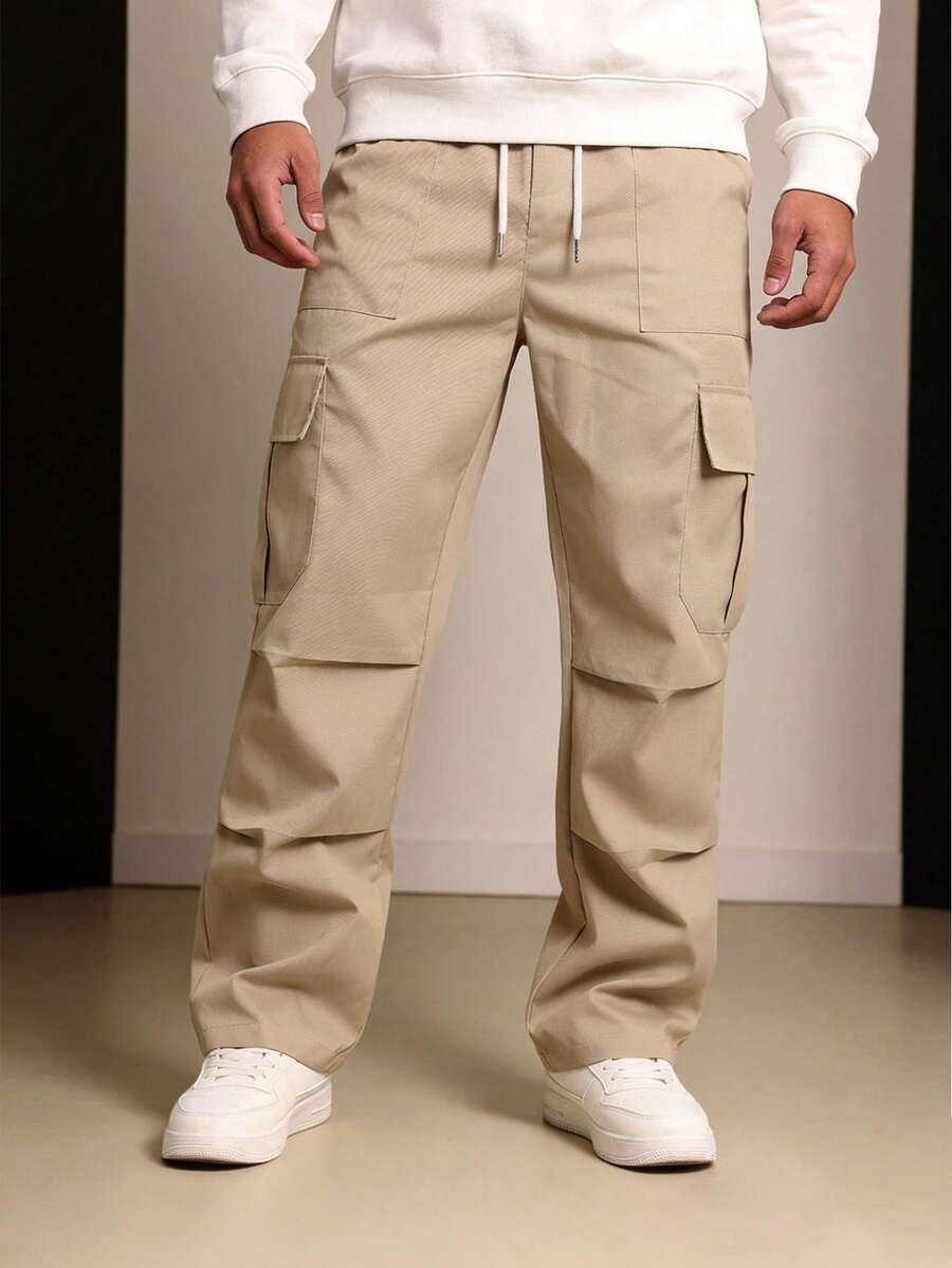 pantalones para hombres pantalón casual hombre pantalones cargos para hombre Homme Pantalones de carga con cintura con cordón y bolsillos, unicolor, para otoño Pantalones nuevos para hombre - Caqui - Ver 1