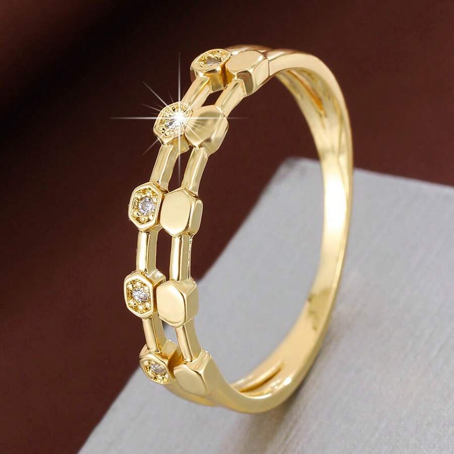 1枚极简几何线条设计立方氧化锆女士戒指 - 彩色 - 查看 1