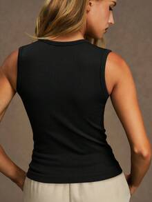 VVX Áo tank top nữ dáng ngắn, có gân, cài nút, không tay, thích hợp mặc đi chơi mùa xuân, đi biển, nghỉ hè. - màu đen - Xem 2