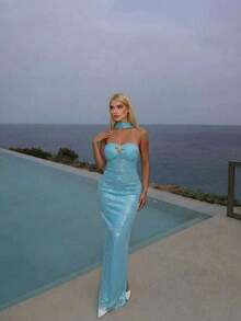 Vestido de cóctel elegante y brillante para fiesta, boda de primavera, con decoración de estrella de mar sin tirantes de metal para mujer - Azul - Ver 3