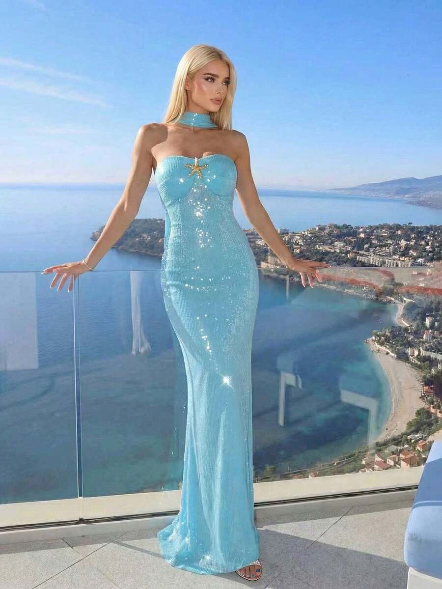 Vestido de cóctel elegante y brillante para fiesta, boda de primavera, con decoración de estrella de mar sin tirantes de metal para mujer