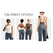 Women Y2K Sexy Backless Open Back Basic Tee Double Lined Going Out Casual Tops - 烏黑 - 查看 9