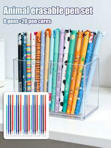 28pcs Erasable Pen Set, (8 Random Pens + 20 Refills), Multiple Designs, High-Quality Erasable Ink, Animal Appearance, Suitable For Office, School, Back-To-School Gifts, Holiday Party Gifts - Multicolor - View 9