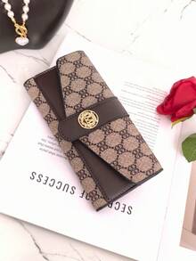 Ví nữ dài gập ba khóa cài, in họa tiết retro, nhiều ngăn đựng thẻ, dung lượng lớn đựng thẻ tín dụng, ví đựng thẻ xe buýt, ví cầm tay nhẹ cho nữ, ví dễ thương, ví dài, ví du lịch cần thiết cho mùa hè, họa tiết kẻ caro - màu nâu - Xem 6