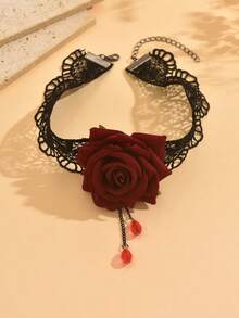 1pc Vintage Elegant Hollow Out Lace Flower Pendant With Beaded Chain Collar Necklace For Women Gothic Jewelry Daily Wear Prom Accessories - Multicolor - View 10
