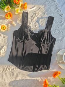Haut corset à patchwork de dentelle sexy, top court galbant et affinant la taille - Noir - Voir 7
