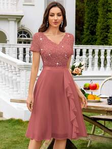 MIUSOL V-Neck Sequin Floral Lace Ruffle Trim Chiffon Prom Party Swing Dress,Elegant Party Dress For Women Summer - Dusty Pink - View 5